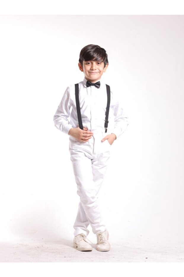 Boy's 23 April 3-Piece Suit White Pants. White Burial. Black Bow Tie Set