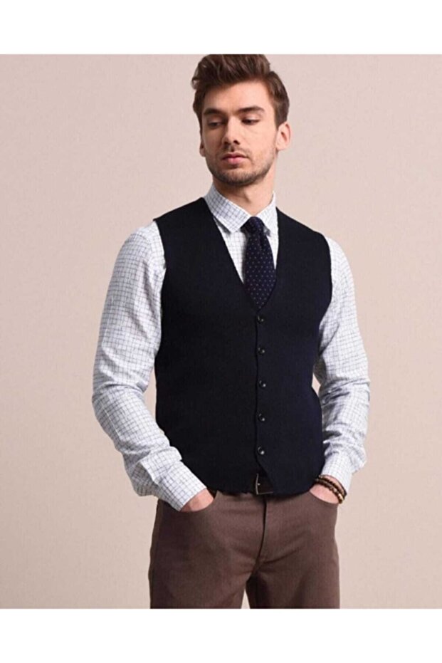 Erkek Örme Triko Düğmeli Yelek - 1