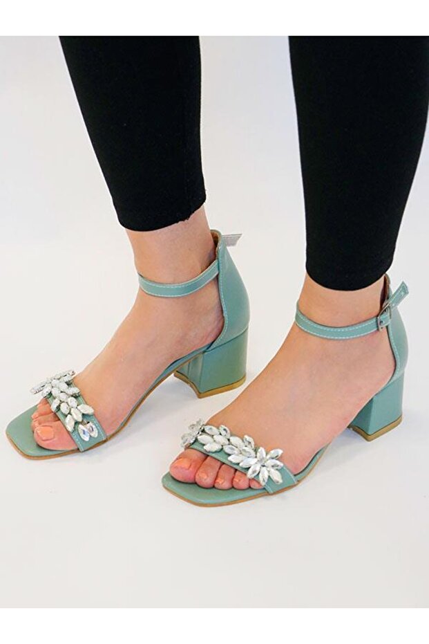 Blomma Çiçek Desenli Tek Bant Topuklu Ayakkabı Su Yeşili - 1