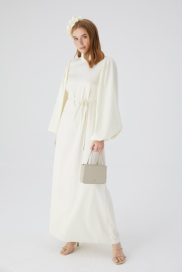 Saténové večerní šaty s balonovým rukávem Ecru - 5