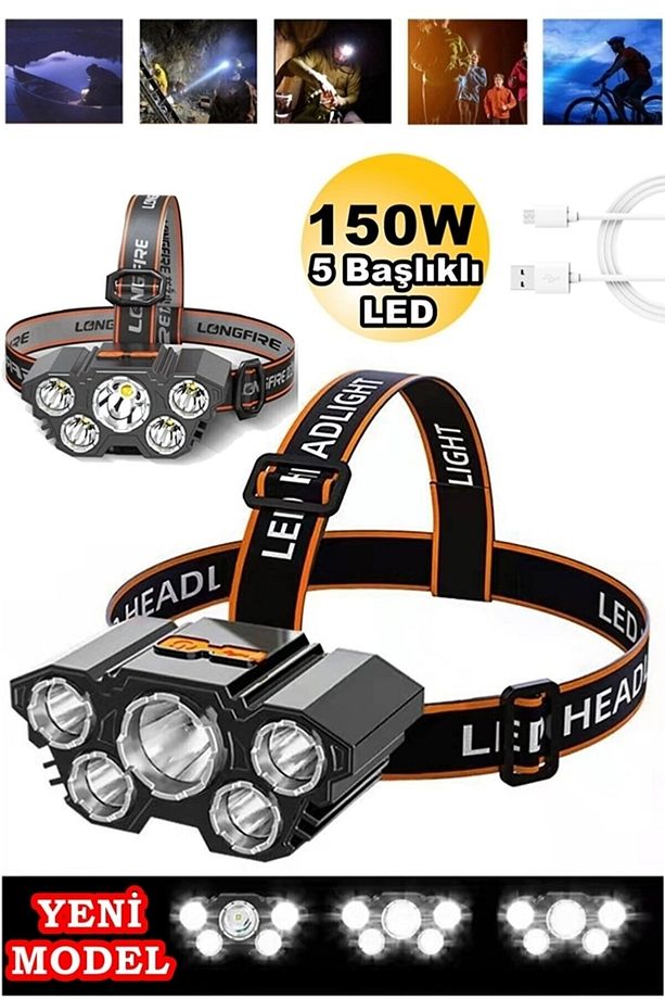 150w Ultra Güçlü Led Şarjlı 5 Led 5x Cree Led Kafa Feneri Avcı Feneri Balıkçı Kamp Feneri 5baslikli - 1