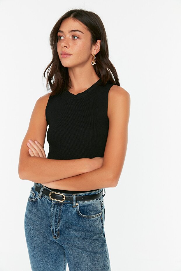 Czarna bluzka z okrągłym dekoltem i dzianinowym crop-topem Twoss21Bz0098 - 5