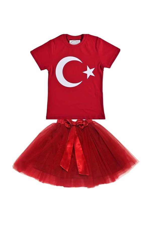 Girl Child 23nisan 29ekim Performance Costume Birthday Outfit Crescent and Star Short Sleeve & Tutu Skirt Set