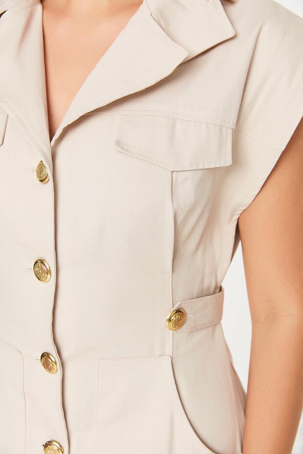 Ekru Düğme Detaylı Gabardin Mini Dokuma Gömlek Elbise TWOSS22EL2970 - 5