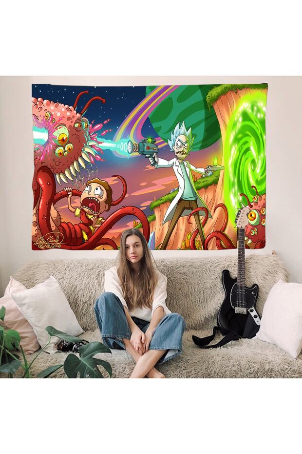 Rick And Morty Uzaylılarla Tapestry Duvar Örtüsü Halısı - 1