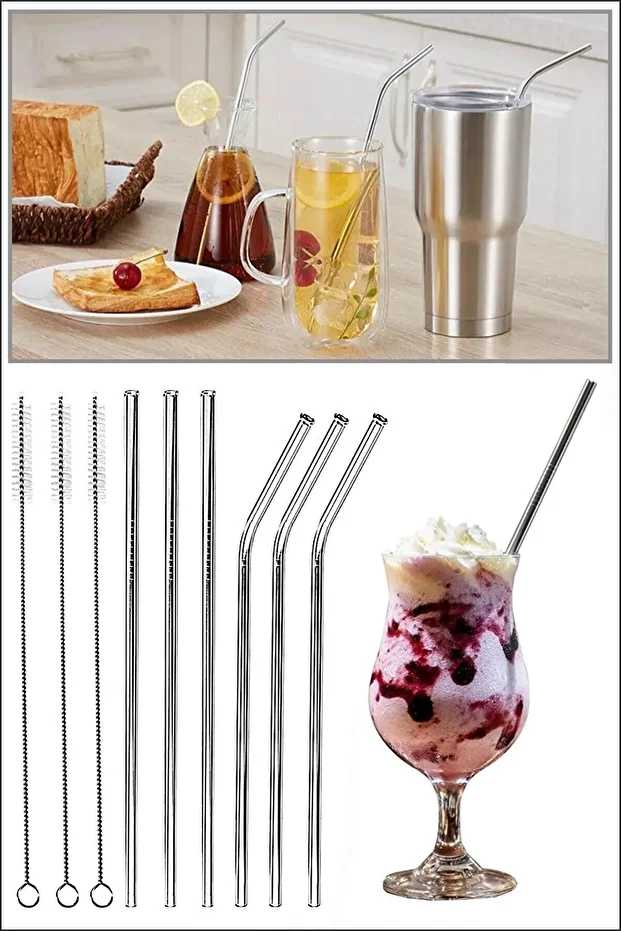 9 Parça Metal Pipet Seti Paslanmaz Çelik Pipet Ve Çubuk Pipet Temizleme Fırçası - 1