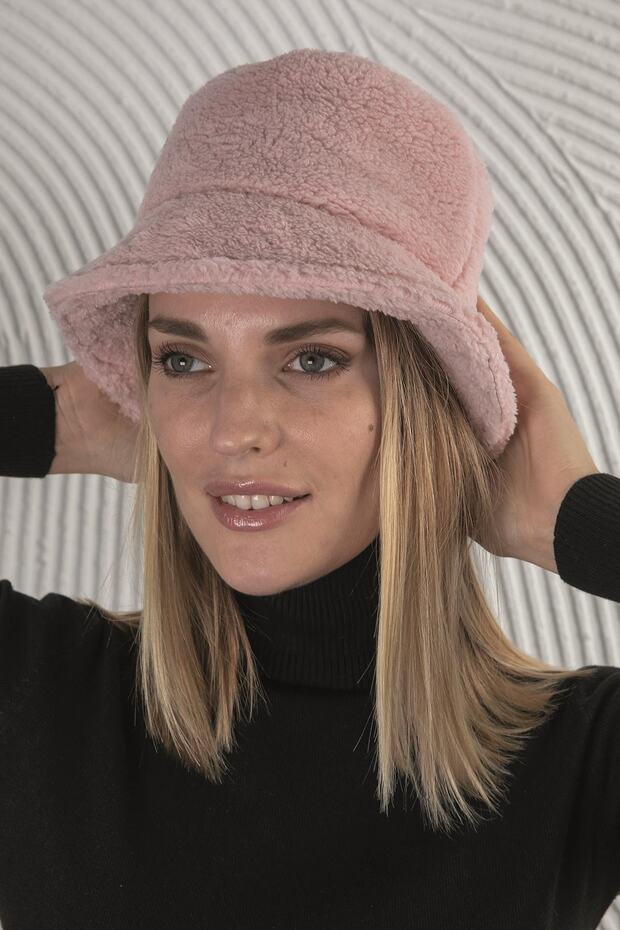 Pembe Peluş Bucket Şapka - 1