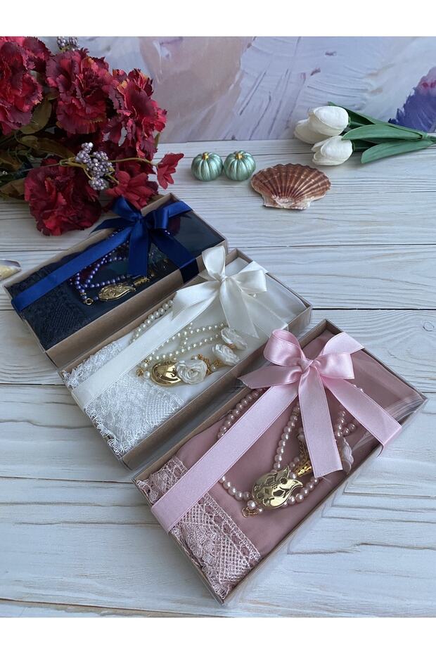 Guipure Mevlüt Shawl with Roses and Pearls Prayer Beads Gift Set (99 Pieces 6 mm) Dowry Bundle Home Concept