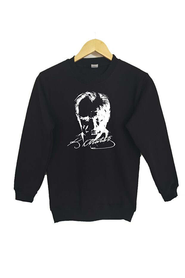 Children's Black Crew Neck Sweatshirt Atatürk Digital Printed