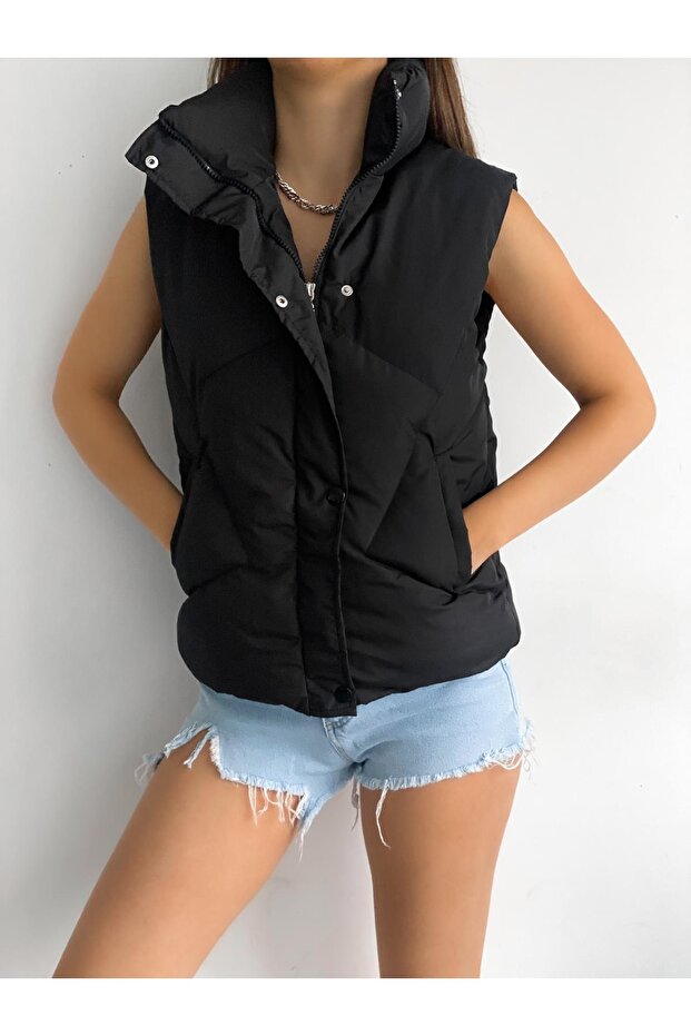 Kafın Black Dikyaka Baklava Pattern Pocket Inflatable Vest Ylk2000