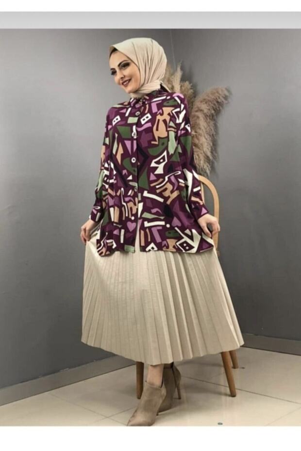 Kadın Mor Görünümlü Piliseli Etek - 1