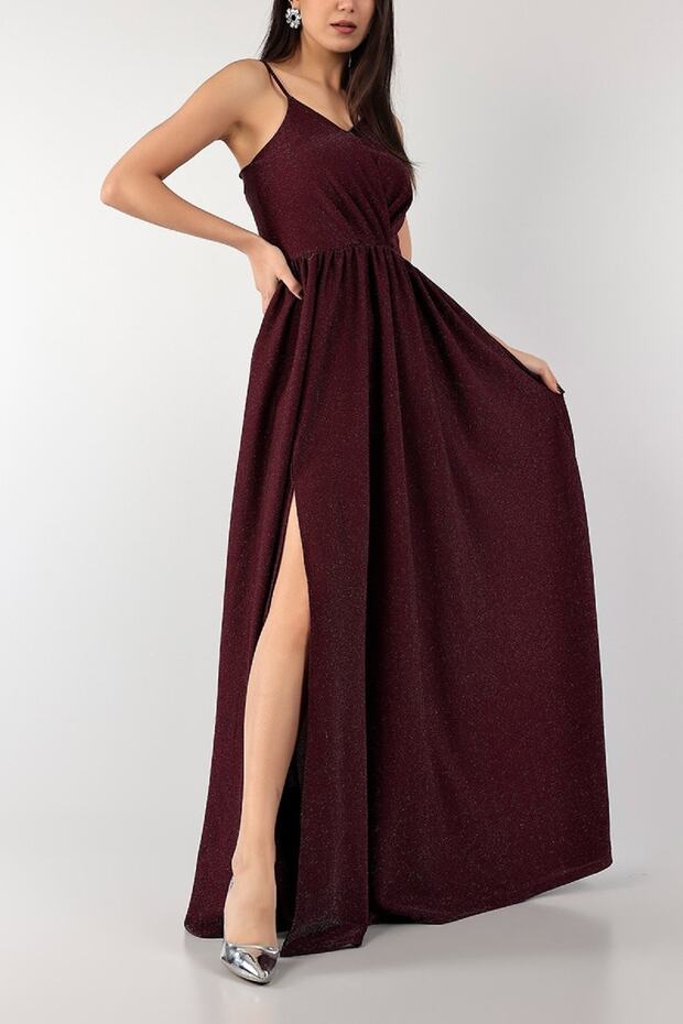 Purple Glitter Design Straps Slit Detail Long Dress 140998