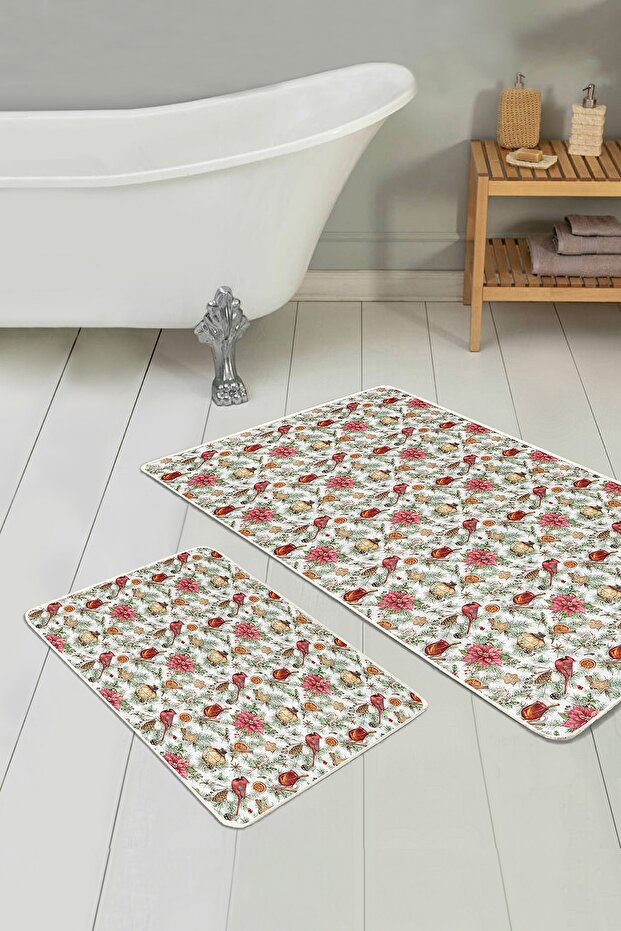White Floor Flower Rose Motif 2-Piece Non-Slip Base Bathroom & Kitchen Mat Set