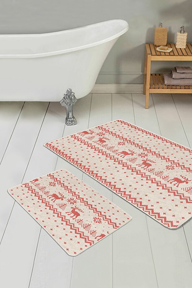 Geyikli New Year's Themed Special Design 2-Piece Non-Slip Base Bathroom & Kitchen Mat Set