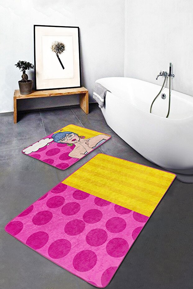 Pink Yellow Pop-art Motif 2-Piece Non-Slip Base Bathroom & Kitchen Mat Set