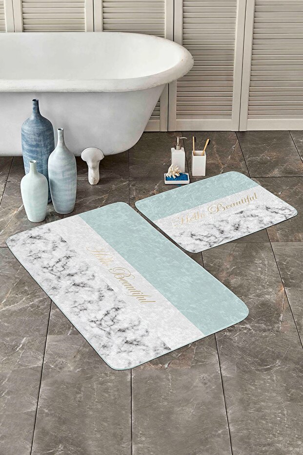 Soft Colorful Hello Beatiful Digital Printed 2-Piece Non-Slip Base Bathroom & Kitchen Mat Set