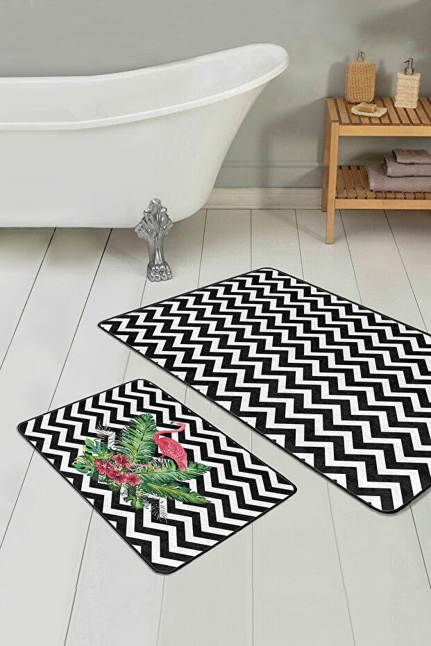 Black Zigzag Floor Flamingo Motif 2-Piece Non-Slip Base Bathroom & Kitchen Mat Set