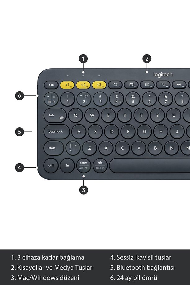 K380 Klavye Bluetooth Türkçe Multi-Device Kompakt Kablosuz Siyah - 5