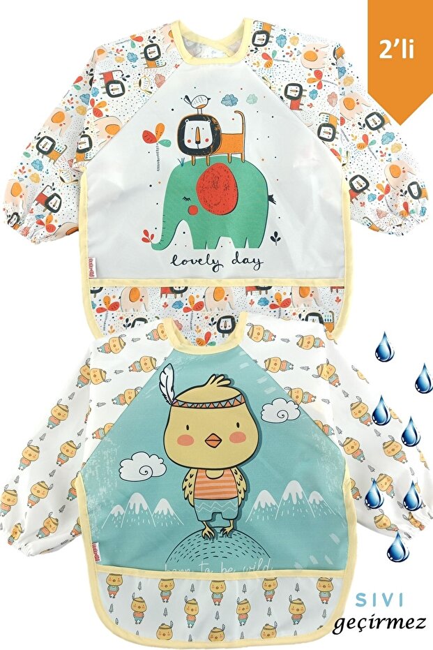Lion and Chick Pattern Baby Food Bib with Sleeves and Pockets