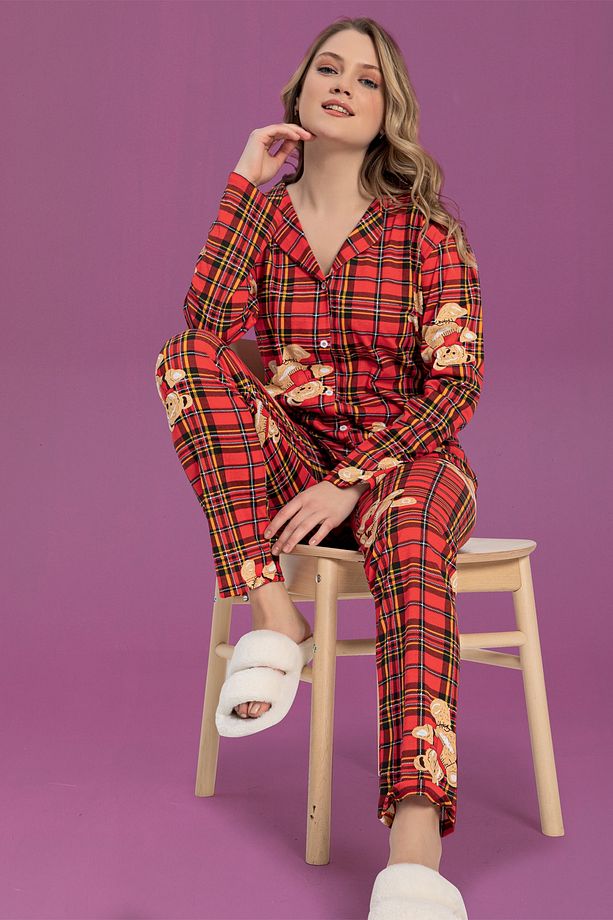 Pamuklu Düğmeli Pijama Takım - 3