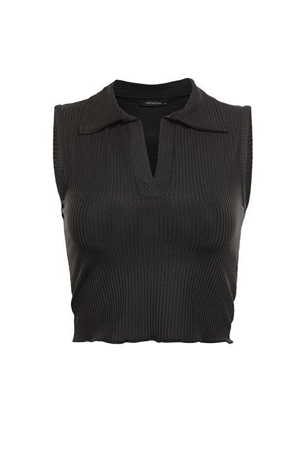 Siyah Fitted/Vücuda Oturan Polo Yaka Crop Esnek Örme Bluz TWOSS22BZ0335 - 6