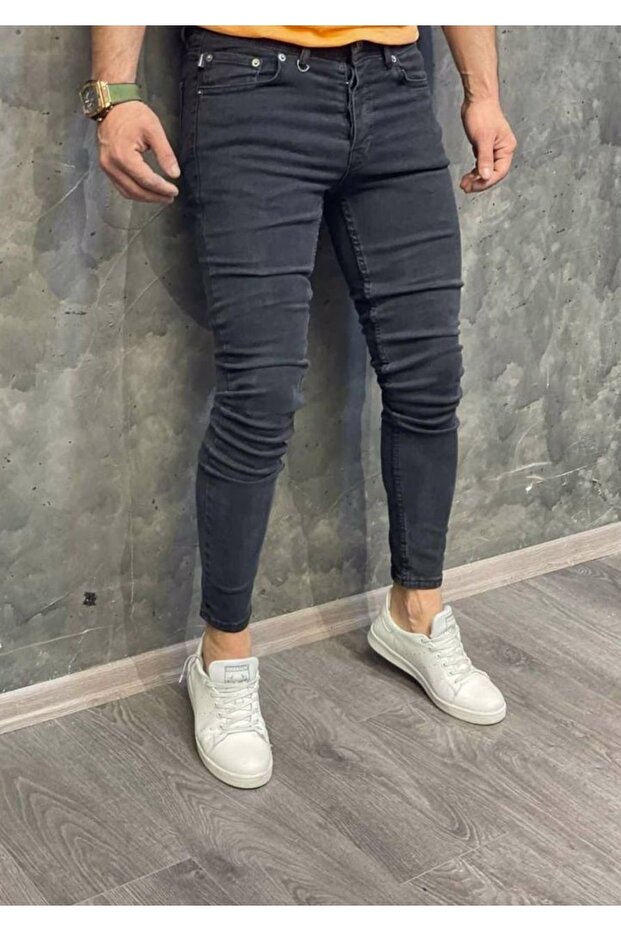 Men's Smoked Slim Fit Lycra Denim Trousers Jeans Ankle Mold