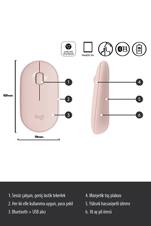 M350 Pebble Sessiz Kablosuz Kompakt Mouse  Pembe - 5