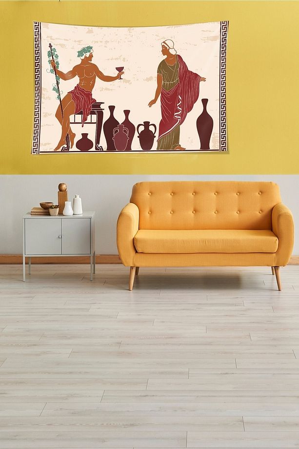 Antik Yunan Tanrısı Kadeh Desen Leke Tutmaz Kadife Dokulu Kumaş Duvar Örtüsü Duvar Halısı Tapestry - 1