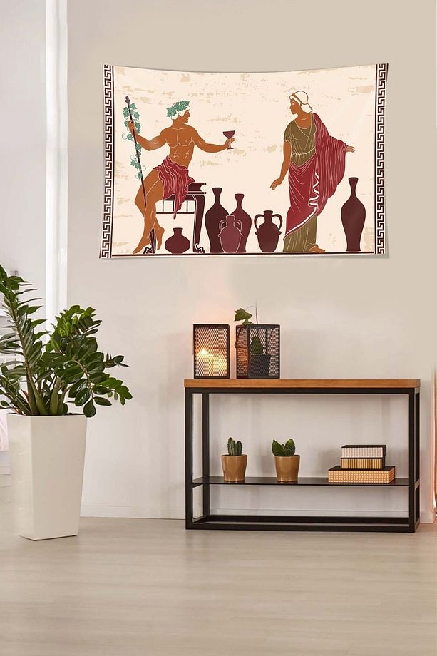 Antik Yunan Tanrısı Kadeh Desen Leke Tutmaz Kadife Dokulu Kumaş Duvar Örtüsü Duvar Halısı Tapestry - 6