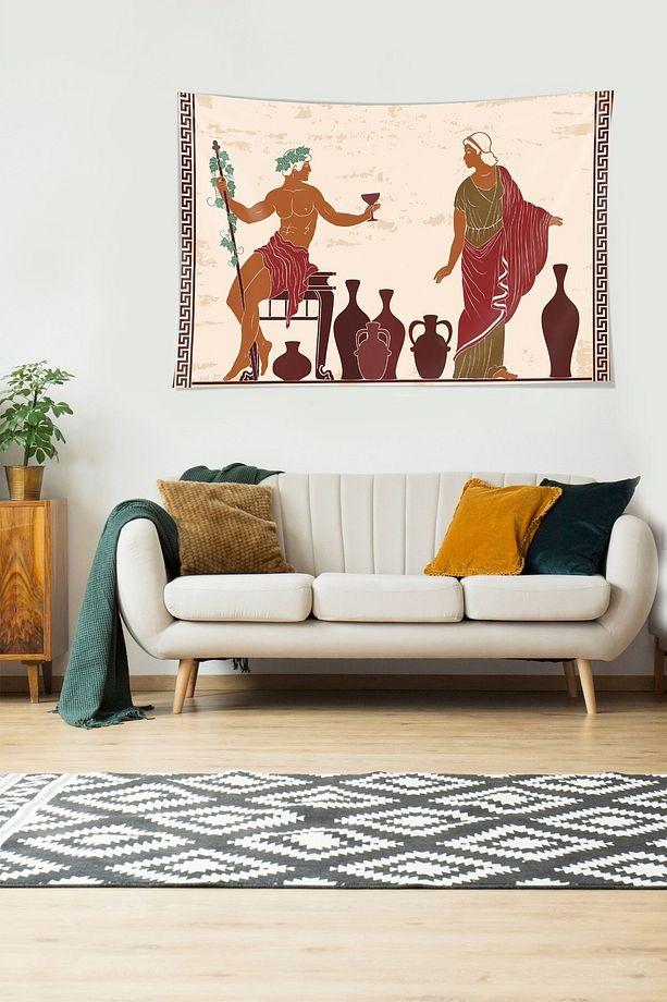 Antik Yunan Tanrısı Kadeh Desen Leke Tutmaz Kadife Dokulu Kumaş Duvar Örtüsü Duvar Halısı Tapestry - 7