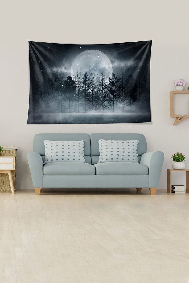 Alacakaranlık Orman Ay Desen Leke Tutmaz Kadife Dokulu Kumaş Duvar Örtüsü Duvar Halısı Tapestry - 2