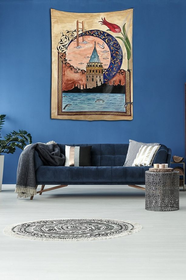 Galata Kulesi Istanbul Temalı Yıkanabilir Leke Tutmaz Kumaş Duvar Örtüsü Duvar Halısı Tapestry - 1