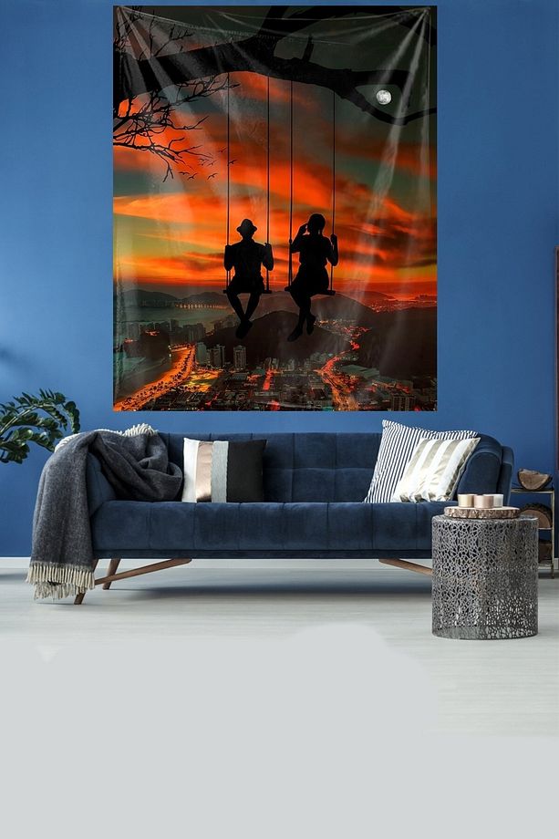 Günbatımı Salıncaktaki Çift Tablo Leke Tutmaz Kadife Dokulu Kumaş Duvar Örtüsü Duvar Halısı Tapestry - 1