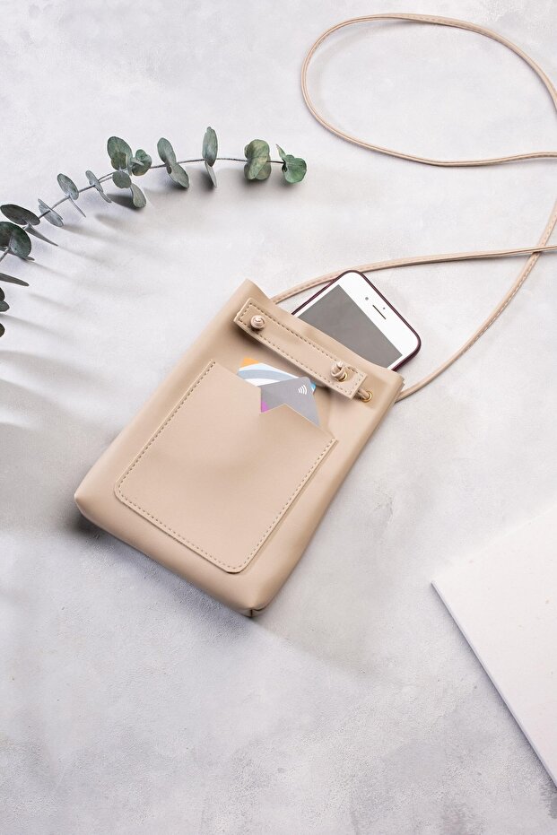Women's Cream Beige Crossbody Bag with Small Pockets and Shoulder Strap, Minimal Phone Bag