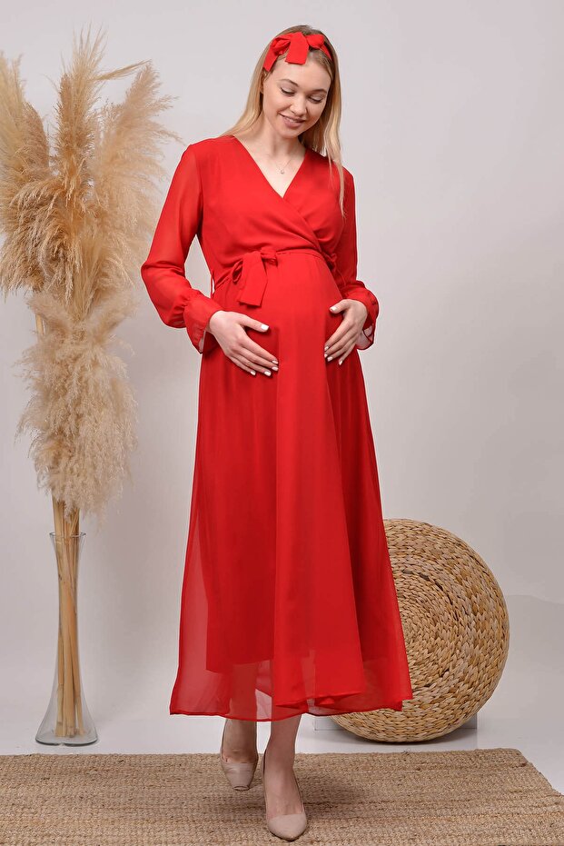 Women's Red Baby Shower Chiffon Maternity Dress Hml003