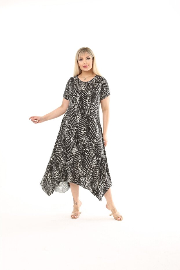 Plus Size Women's Relaxed Cut Patterned Short Sleeve Asymmetrical Viscose Combed Cotton Dress