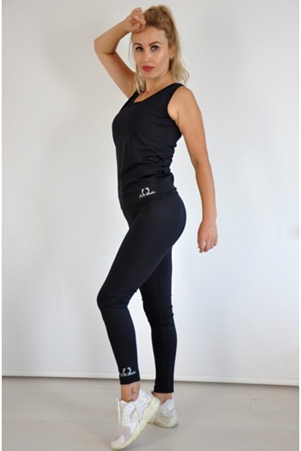 Polymer Coated Inside Fat Burning Navy Blue Undershirt and High Waist Tights Thermal Corset Underwear Set