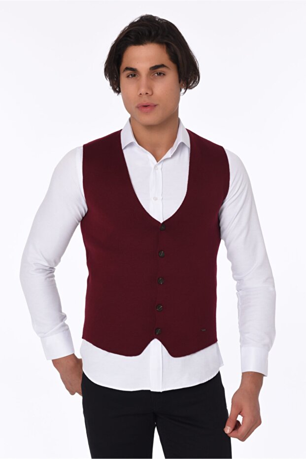 Erkek Bordo Triko Yelek - 1