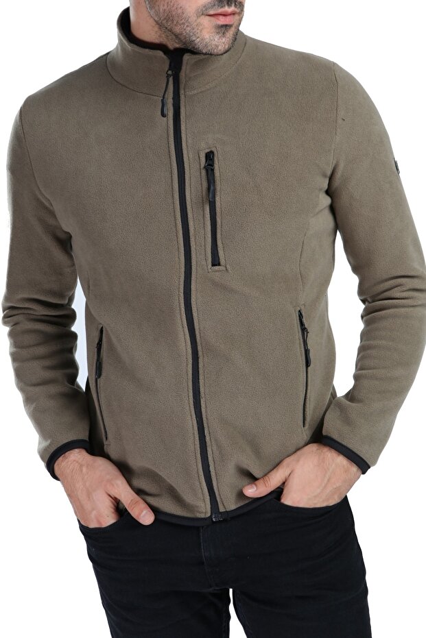 Men's Full Zipper 3-Pocket Light Khaki Outdoor Fleece Jacket