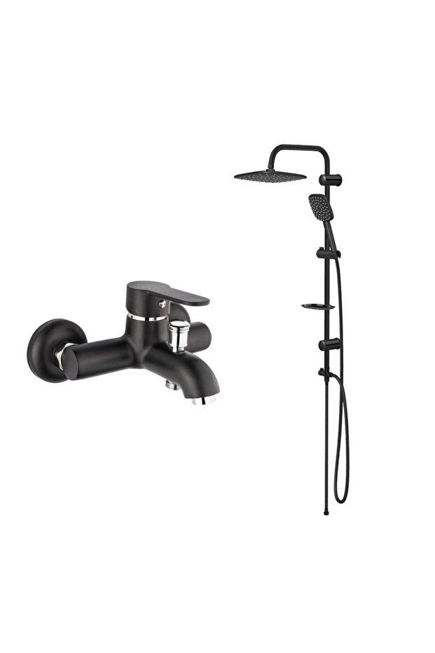 Zirve Black Chrome Bathroom Faucet, Valtemo Black Top Shower Set
