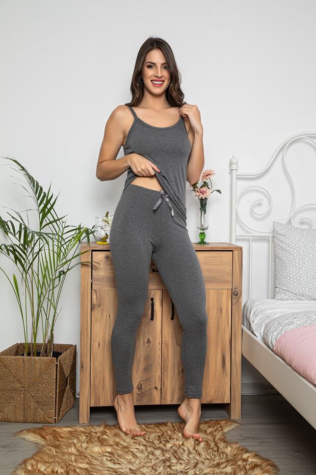 Kadın Antrasit Renkli Şortlu Ve Taytlı Pijama Takımı 3lü Set 75010 - 3
