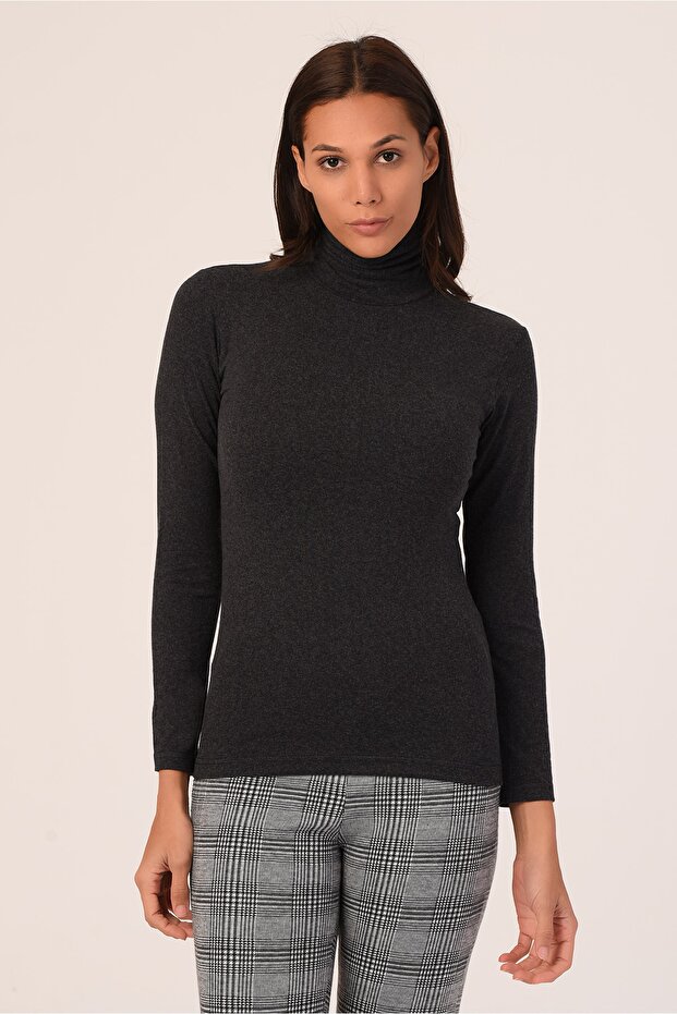 Women's Black Full Fisherman Wool Viscose Turtleneck Bodysuit