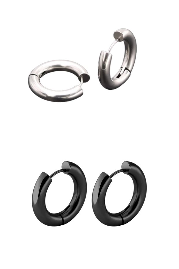 2 Pairs Steel Hoop Earrings for 1 Pair Price, Black, Silver - Perforated Ears Women Men Unisex