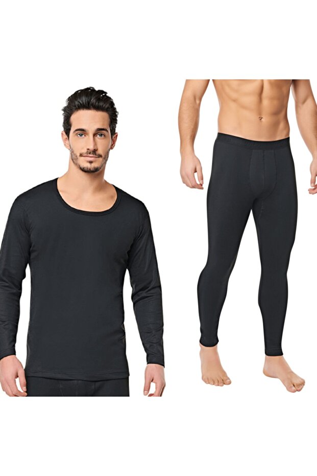 Men's Black Thermal Suit Underwear Bottom Top Long Sleeve