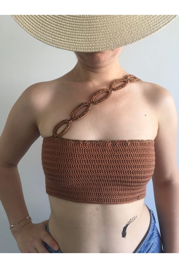 Kadın Hardal El Örgüsü Özel Tasarım Halkalı Tek Omuz Bikini Üstü Büstiyer - 1