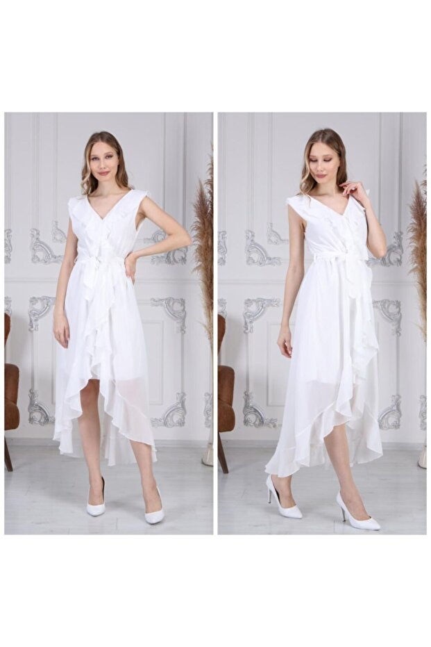 Fırfırlı Düz Şifon Elbise - 1