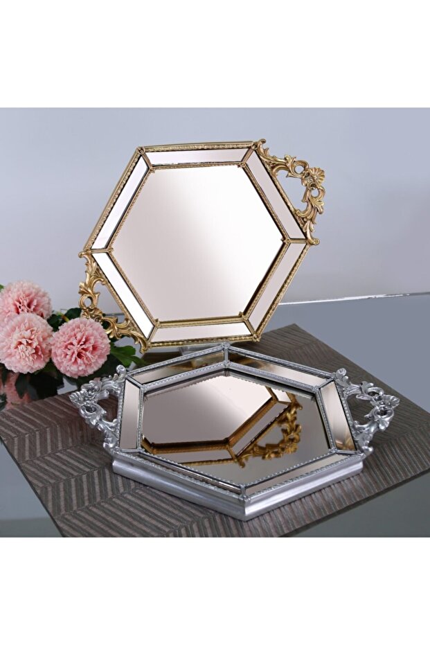 Hexagonal Mirrored Tray Silver - 4