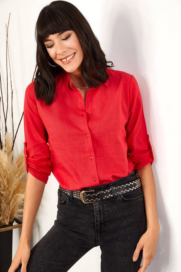 Women's Red Sleeve Folded Linen Shirt