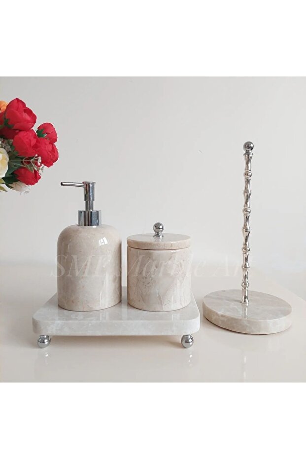 Natural Beige Marble Bathroom Set of 4 | Ball Footed | Silver