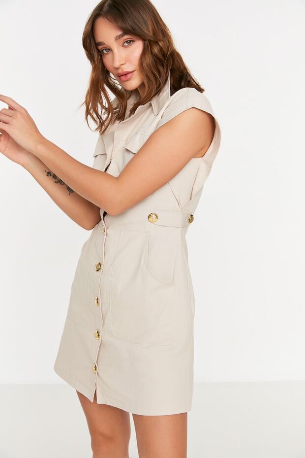 Ekru Düğme Detaylı Gabardin Mini Dokuma Gömlek Elbise TWOSS22EL2970 - 4